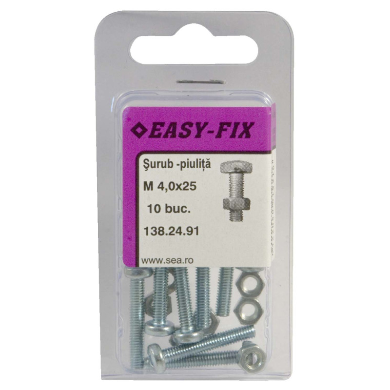 Surub cu cap bombat, amprenta cruce, cu piulita, Easy-Fix, otel, zincat alb, M4 x 25 mm, set 10 bucati Surub cu cap bombat, amprenta cruce, cu piulita, Easy-Fix, otel, zincat alb, M4 x 25 mm, set 10 bucati