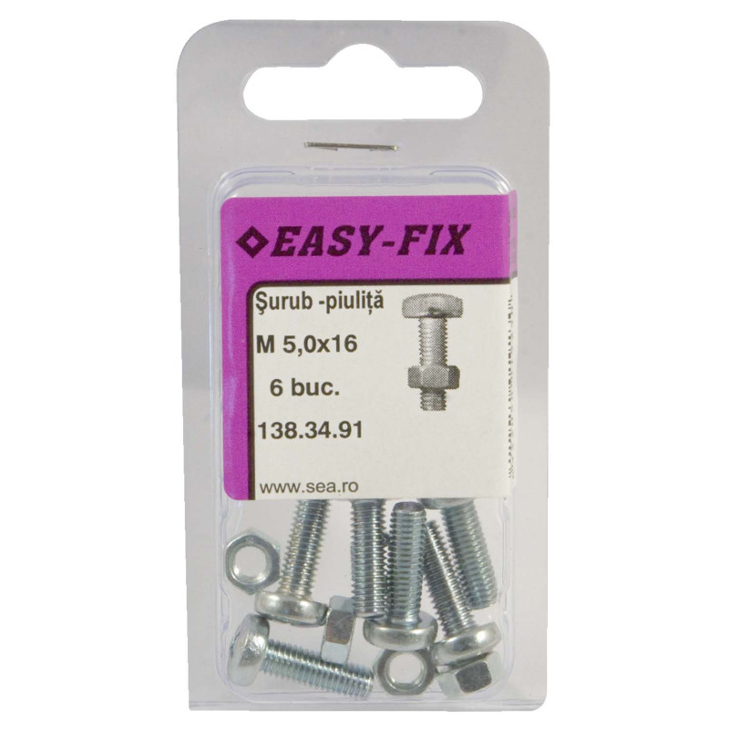 Surub cu cap bombat, amprenta cruce, cu piulita, Easy-Fix, otel, zincat alb, M5 x 16 mm, set 6 bucati Surub cu cap bombat, amprenta cruce, cu piulita, Easy-Fix, otel, zincat alb, M5 x 16 mm, set 6 bucati