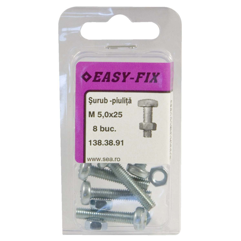 Surub cu cap bombat, amprenta cruce, cu piulita, Easy-Fix, otel, zincat alb, M5 x 25 mm, set 8 bucati Surub cu cap bombat, amprenta cruce, cu piulita, Easy-Fix, otel, zincat alb, M5 x 25 mm, set 8 bucati