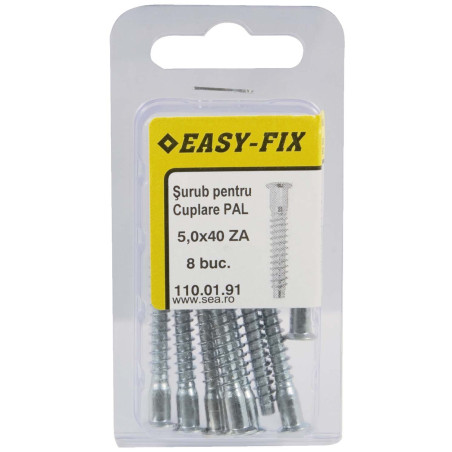 Surub de cuplare, pentru PAL, cu cap inecat, din otel, zincat alb, 5 x 40 mm, 8 bucati