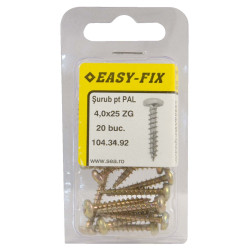 Surub pentru PAL / lemn, cu cap bombat, amprenta cruce, Easy-Fix, otel, zincat galben, 4 x 25 mm, set 20 bucati