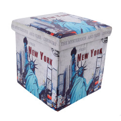 Taburet Statue of Liberty, cu spatiu depozitare, pliabil, patrat, imitatie piele, multicolor, 38 x 38 x 38 cm