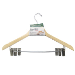Umerase haine Ella Home, cu clema metalica, lemn, carlig rotativ, 45 x 25 cm, natur, set 3 bucati