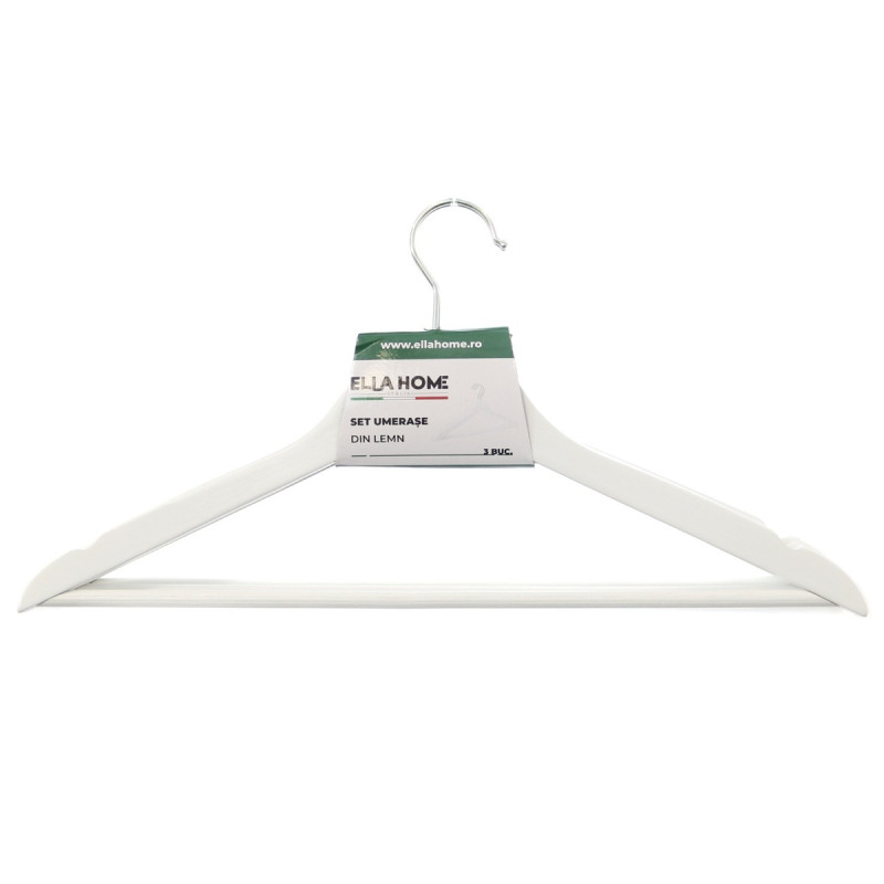 Umerase haine Ella Home, lemn, carlig rotativ, 45 x 23 cm, alb, set 3 bucati Umerase haine Ella Home, lemn, carlig rotativ, 45 x 23 cm, alb, set 3 bucati