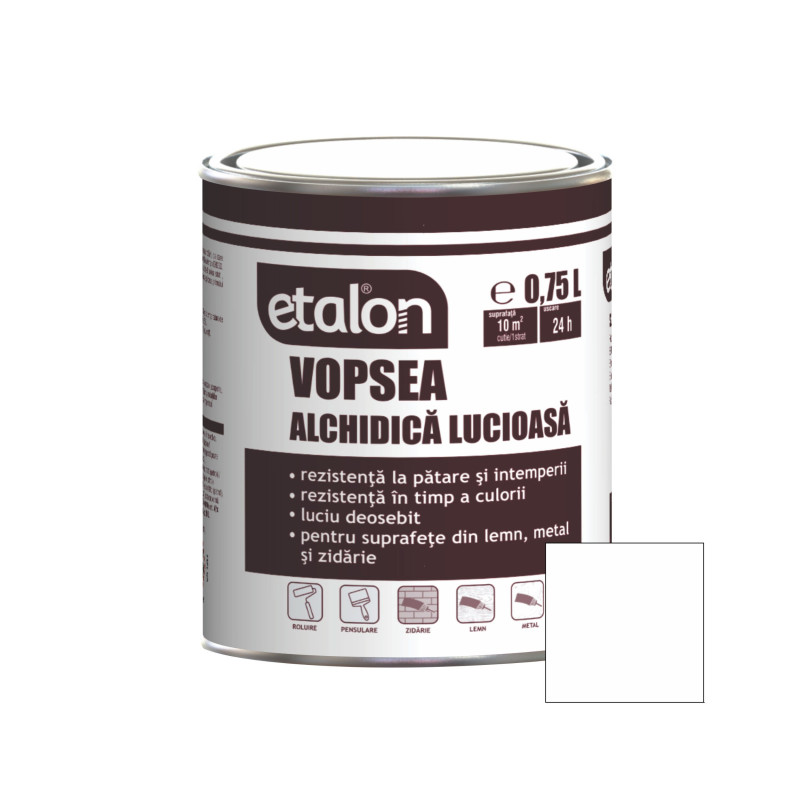 Vopsea alchidica pentru lemn / metal, Etalon, interior / exterior, alb, 0.75 L Vopsea alchidica pentru lemn / metal, Etalon, interior / exterior, alb, 0.75 L