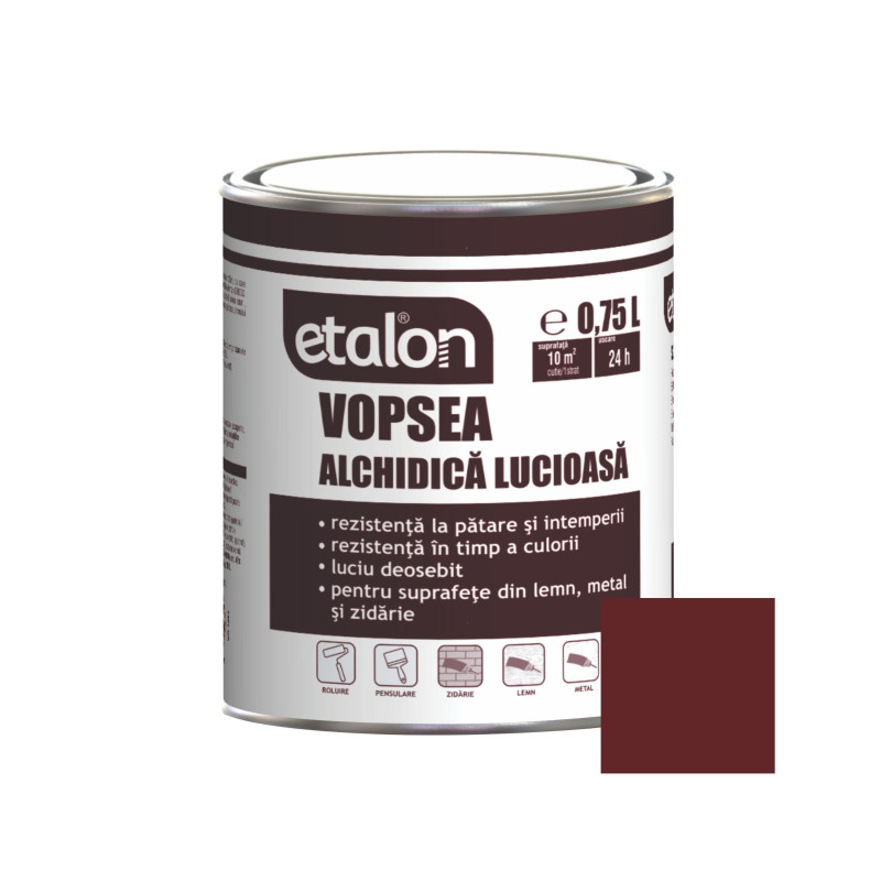 Vopsea alchidica pentru lemn / metal, Etalon, interior / exterior, visiniu, 0.75 L Vopsea alchidica pentru lemn / metal, Etalon, interior / exterior, visiniu, 0.75 L