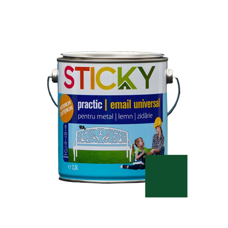 Vopsea alchidica pentru lemn / metal, Sticky Practic, interior / exterior, verde, 2.5 L Vopsea alchidica pentru lemn / metal, Sticky Practic, interior / exterior, verde, 2.5 L