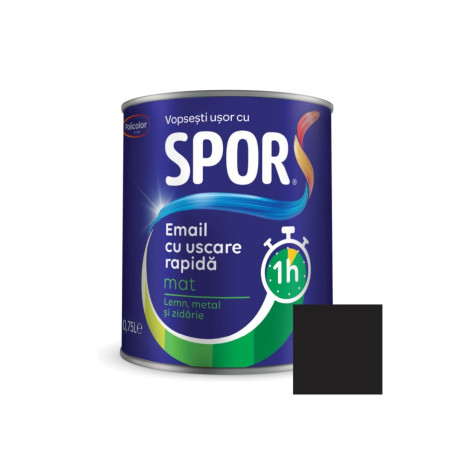 Vopsea alchidica pentru metal, Spor, cu uscare rapida, mat, interior / exterior, negru mat, 0.75 L