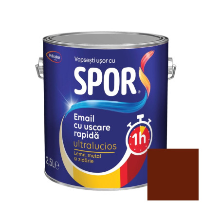Vopsea alchidica pentru metal, Spor, cu uscare, rapida, ultralucios, interior /, exterior, maro roscat, 2.5 L