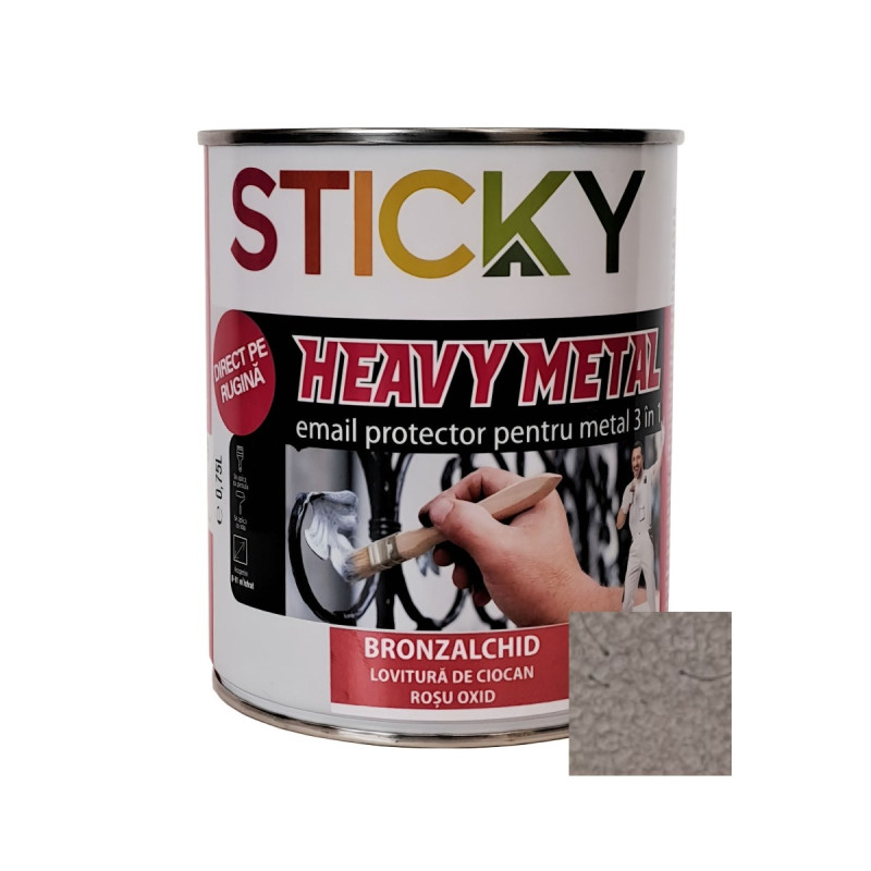 Vopsea alchidica pentru metal Sticky Bronzalchid 3 in 1, lovitura de ciocan, interior / exterior, argintiu, 0.75 L Vopsea alchidica pentru metal Sticky Bronzalchid 3 in 1, lovitura de ciocan, interior / exterior, argintiu, 0.75 L