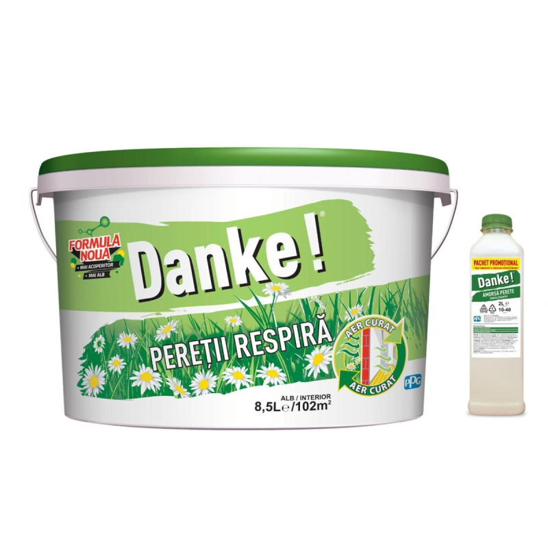 Vopsea lavabila interior, Danke - peretii respira, alba, 8.5 L + amorsa 2 L