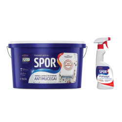 Vopsea lavabila interior, Spor antimucegai, alba, 8.5 L + solutie Polisept antimucegai, 0.5 L