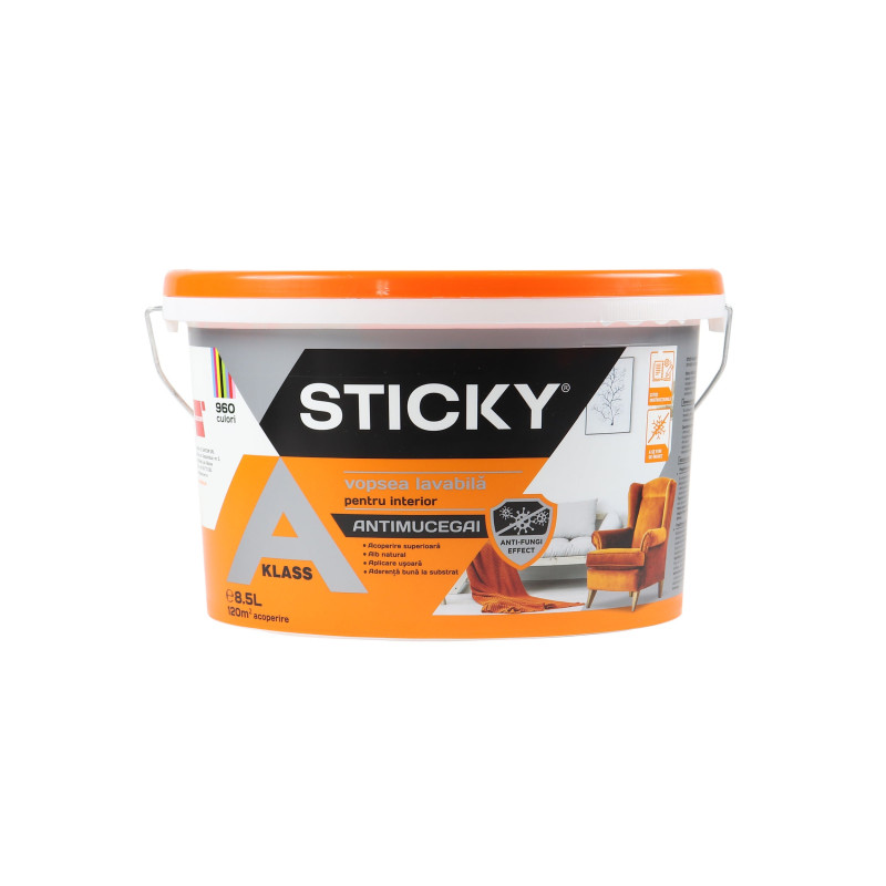 Vopsea lavabila interior, Sticky A Klass, antimucegai, alba, 8.5 L