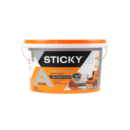 Vopsea lavabila interior, Sticky A Klass, antimucegai, alba, 8.5 L