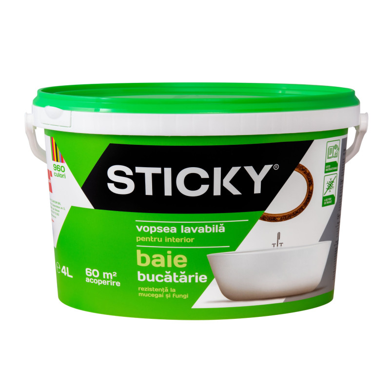 Vopsea lavabila interior, Sticky, baie si bucatarie, alba, 4 L