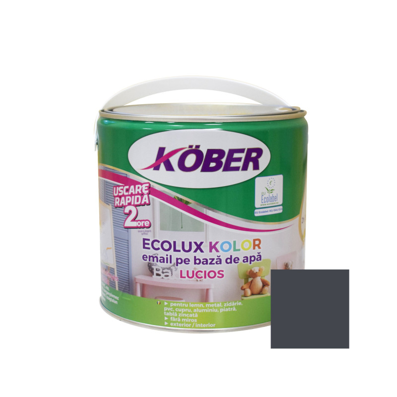 Vopsea pentru lemn / metal, Kober Ecolux Kolor, interior / exterior, pe baza de apa, lucios, gri antracit, 2.5 L