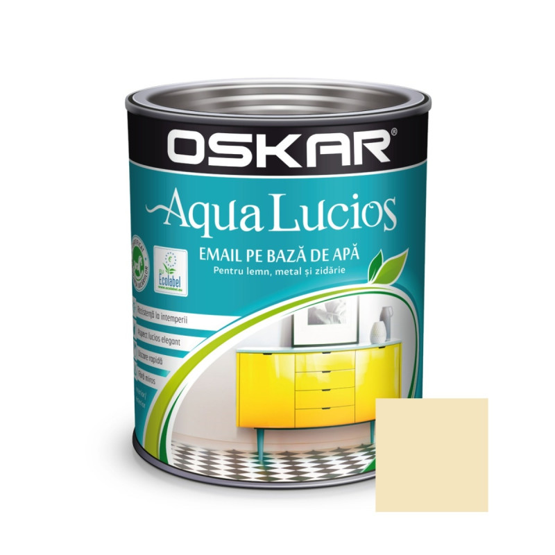 Vopsea pentru lemn / metal, Oskar Aqua Lucios, interior / exterior, pe baza de apa, crem diafan, 0.6 L