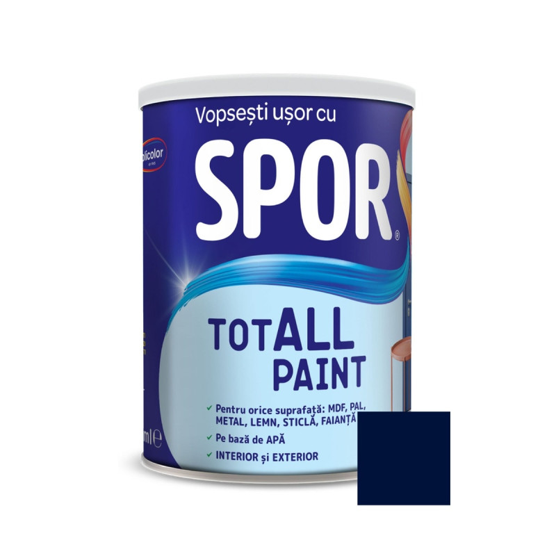 Vopsea pentru lemn / metal / sticla, Spor Totall Paint, pe baza de apa, interior / exterior, atlantic / albastru inchis, 0.6 L Vopsea pentru lemn / metal / sticla, Spor Totall Paint, pe baza de apa, interior / exterior, atlantic / albastru inchis, 0.6 L