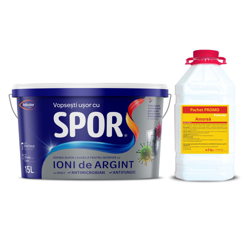 Vopsea super-lavabila interior, Spor cu ioni de argint, alba, 15 L + amorsa Policolor