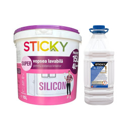 Vopsea superlavabila exterior / interior, Super Sticky cu silicon, alba, 15 L + amorsa Sticky 4 L