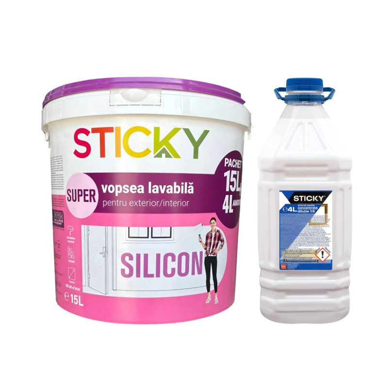 Vopsea superlavabila exterior / interior, Super Sticky cu silicon, alba, 15 L + amorsa Sticky 4 L