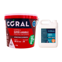 Vopsea superlavabila, interior, Coral antibacterian si antimucegai, alba, 15 L + amorsa speciala Coral 4 L