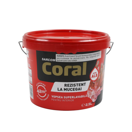 Vopsea superlavabila, interior, Coral antibacterian si antimucegai, alba, 2.5 L