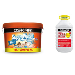 Vopsea superlavabila interior, Oskar Superweiss mat, alb, 15 L + amorsa Oskar Zero Mucegai, 4 L