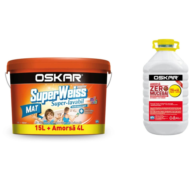 Vopsea superlavabila interior, Oskar Superweiss mat, alb, 15 L + amorsa Oskar Zero Mucegai, 4 L