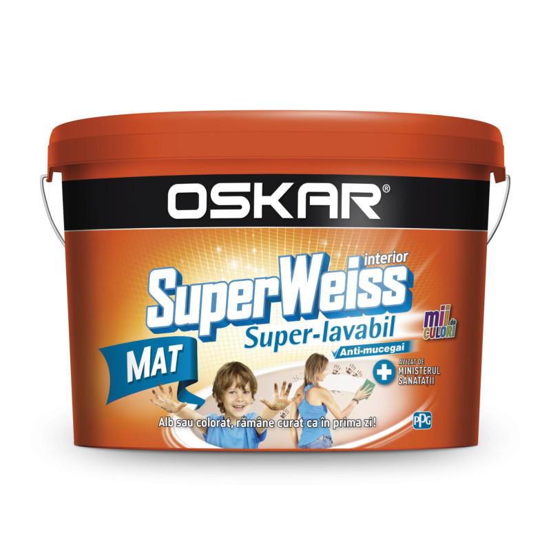 Vopsea superlavabila interior, Oskar Superweiss mat, alb, 8.5 L