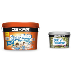 Vopsea superlavabila interior, Oskar Superweiss mat, alb, 8.5L + Vopsea lavabila Oskar Baie si Bucatarie 2.5 L