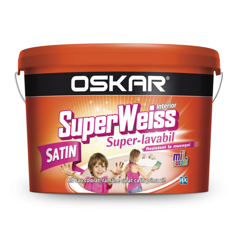 Vopsea superlavabila interior, Oskar Superweiss Satin, rezistenta la mucegai, alb, 2.5 L