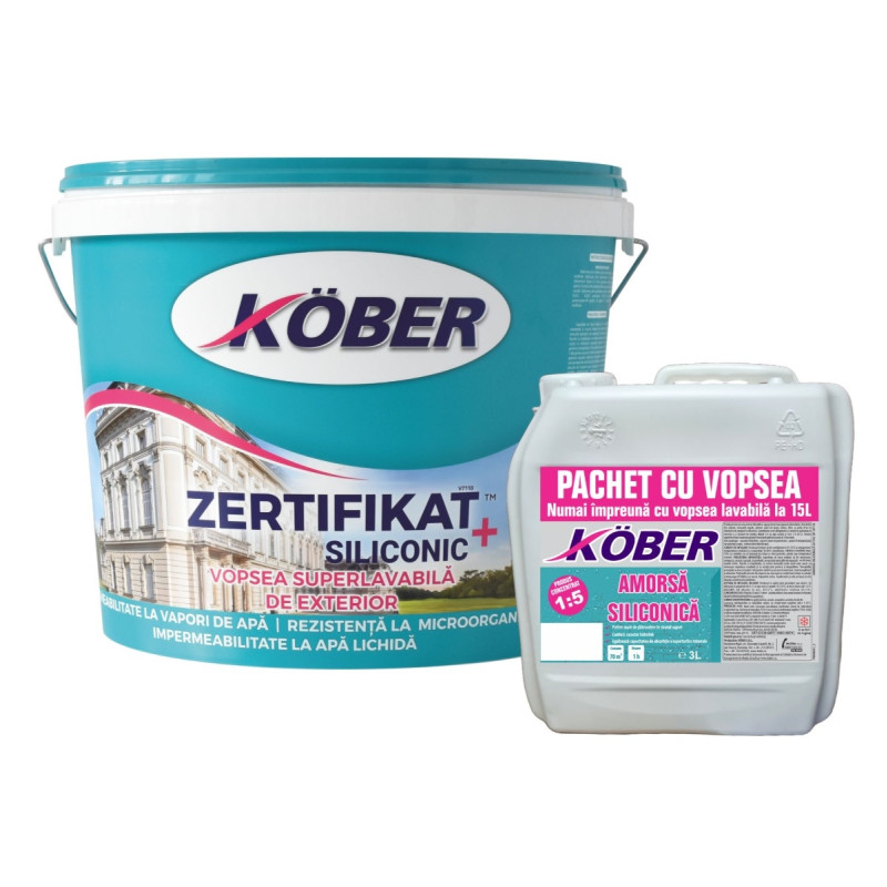 Vopsea superlavabila siliconica de exterior, Kober Zertifikat+ Siliconic, alb, 15 L + amorsa pentru vopsele siliconice, 3 L