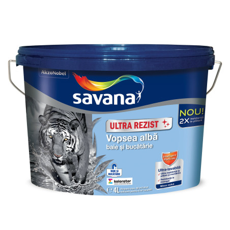 Vopsea ultra-lavabila interior, pentru baie si bucatarie, Savana Ultrarezist, alb, 4 L