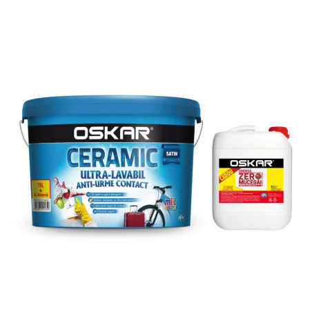 Vopsea ultralavabila, interior / exterior, Oskar Ceramic satinat, alba, 15 L + amorsa Oskar Zero Mucegai, 4 L