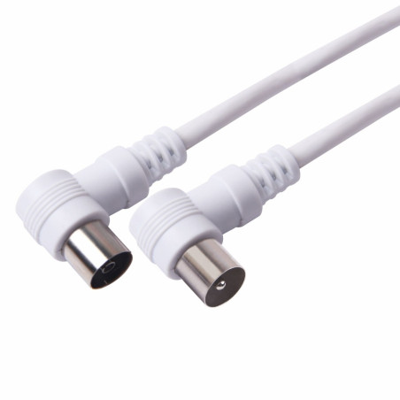 Cablu TV, coaxial, mufat 90 grade, cu conector mama - tata, Hoff, 10 metri, alb