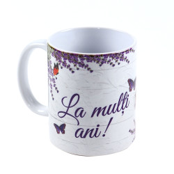 Cana cu mesaj, La multi ani, ceramica, decor lavanda, 330 ml
