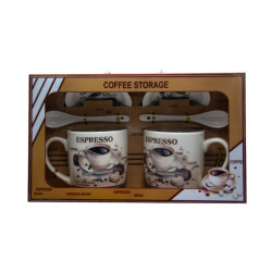 Cana + farfurie + lingurita, ceramica, alb + maro, 300 ml, set 2 bucati