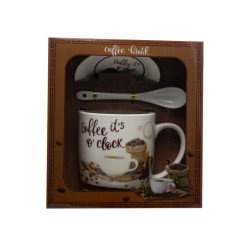 Cana + farfurie + lingurita, cu mesaj coffee clock, ceramica, alb + maro, 300 ml
