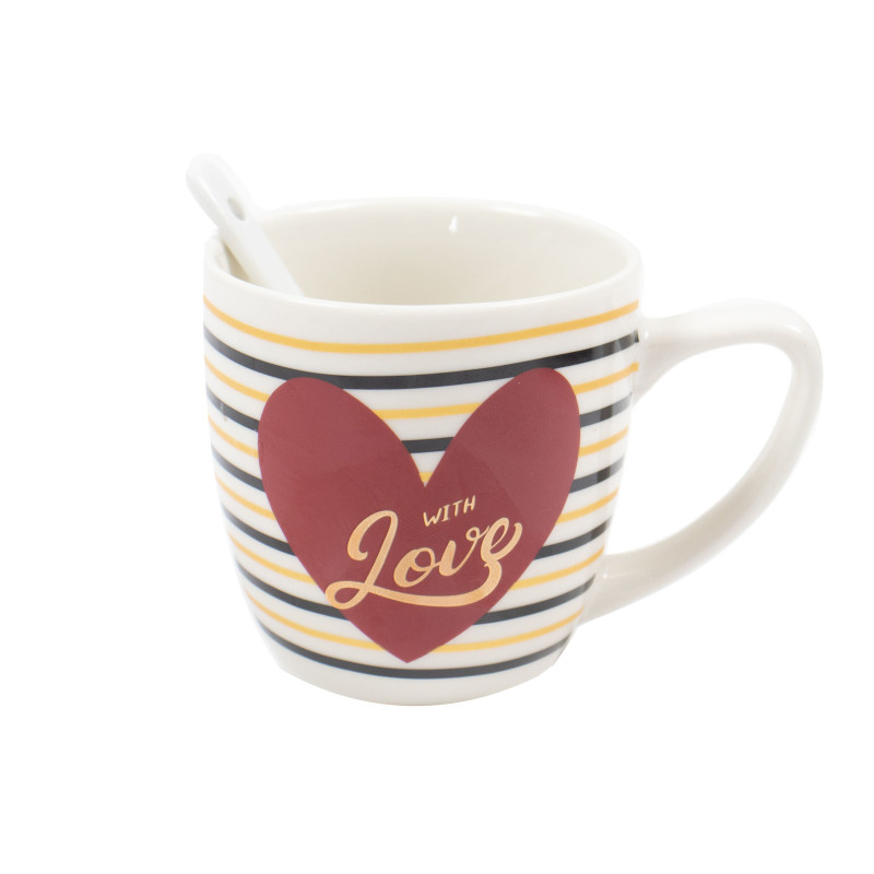 Cana + lingurita, cu mesaj Valentine's Day, ceramica, alb + multicolor, 250 ml