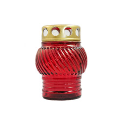 Candela decorativa S1, sticla + capac metal, rosu, h 9 cm, timp de ardere 15 ore