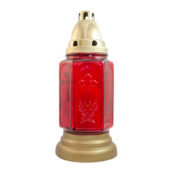Candela decorativa S4, sticla + capac plastic, h 20 cm, timp ardere 40 ore, rosu + auriu