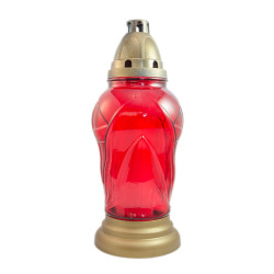Candela decorativa S5, sticla + capac plastic, h 29 cm, timp ardere 50 ore, rosu + auriu