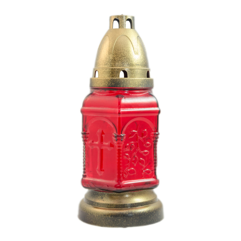 Candela decorativa S6, sticla, rosu + auriu, 18 cm, timp ardere 20 ore