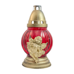 Candela decorativa S9, sticla + plastic + capac metal, model ingeras, h 20 cm, timp ardere 30 ore, rosu + auriu