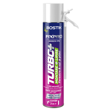 Adeziv poliuretanic pentru ferestre si usi, Bostik Fixpro Turbo+, cu aplicare manuala / pistol, 750 ml