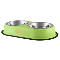 Castron caini / pisici, 4 Dog, dublu, antiderapant, inox, argintiu + verde, 2 x 0.95 l