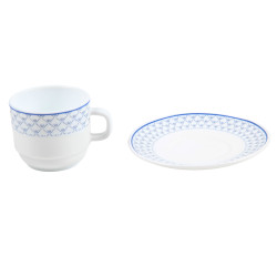 Ceasca si farfurioara 21026, sticla termica, alb + albastru, 250 ml
