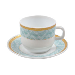 Ceasca si farfurioara cafea 20011GE, sticla termica, alb + verde + auriu, 250 ml